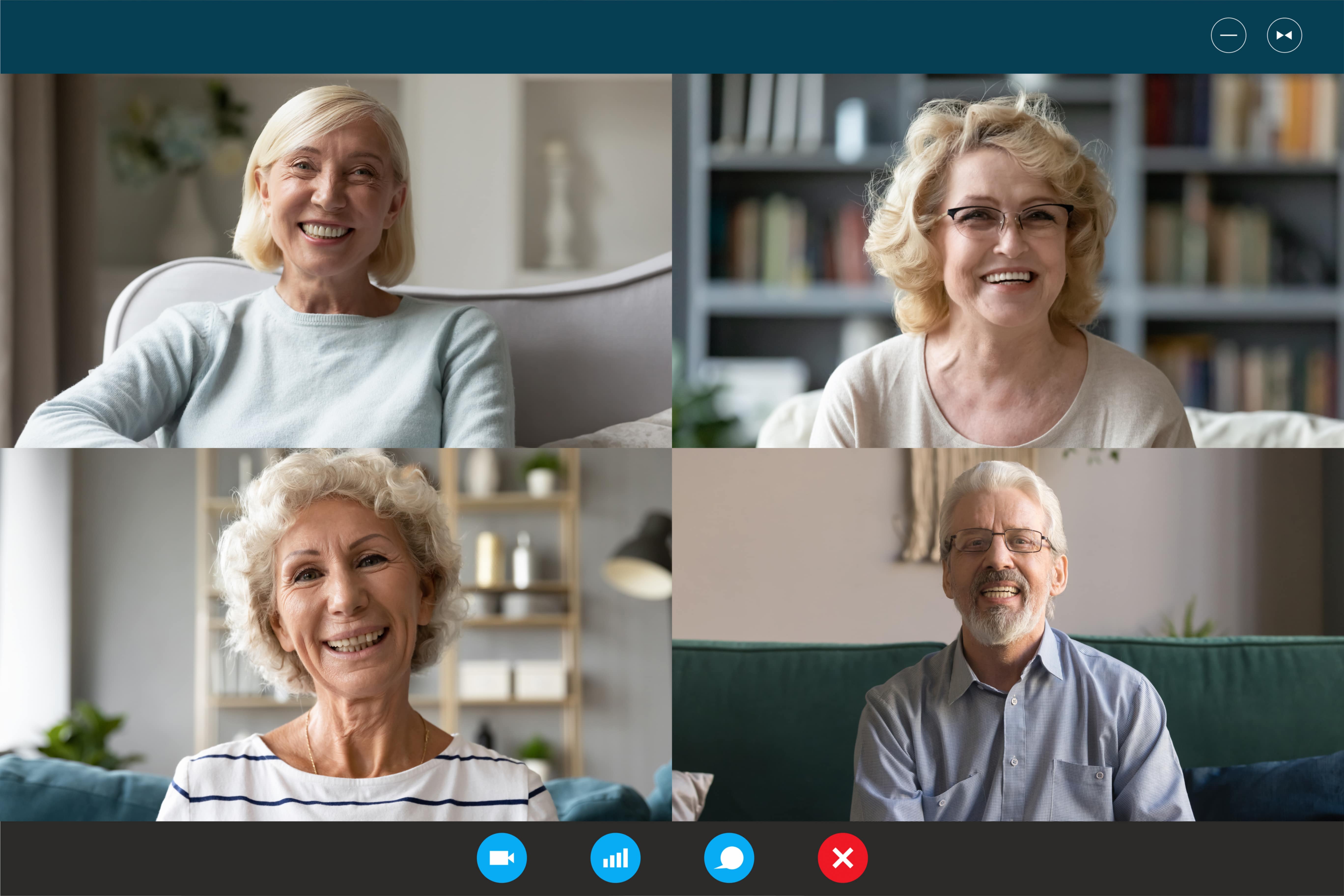 State Super members deliver clear message: Balance social responsibility and retirement incomes - Four Caucasian middle-aged 50s people involved at group video call conference, laptop webcam head shot portraits view. Older generation and modern application technology easy convenient usage concept